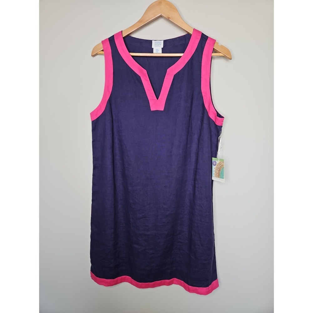 Sigrid Olsen Dress M Linen Blue Pink Shift Preppy Coastal Resort Minimalist Chic